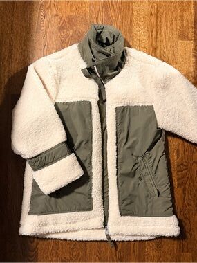 Anthropologie Cream Sherpa Coat with Olive Quilted Panels